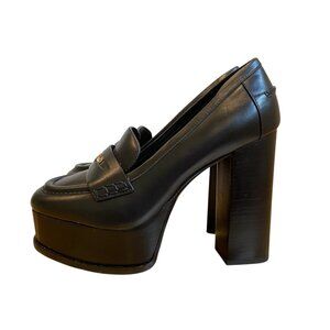 Michael Kors Eden Black Leather Platform Loafers With Wooden Block Heel Womens S